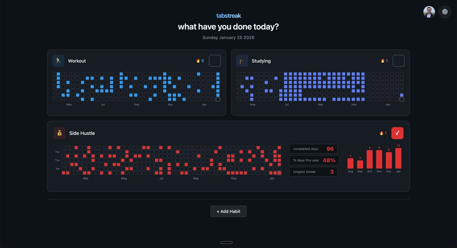 TabStreak new tab page with habit streak grids